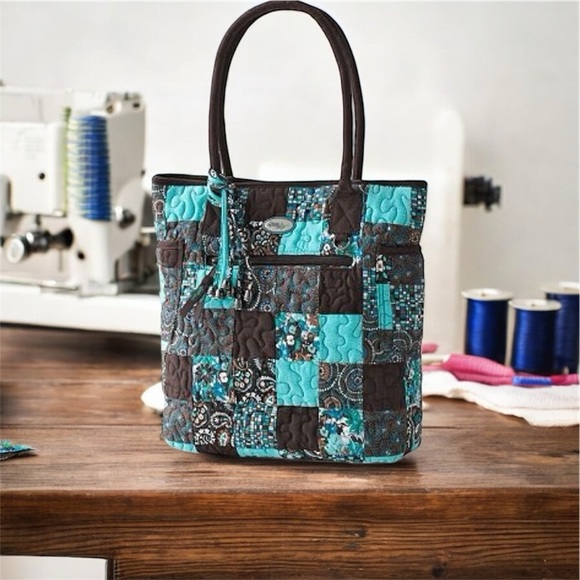 Donna Sharp Quilted Patchwork Tote Bag Turquoise Brown - Picture 3 of 3